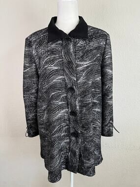 IC by Connie K Black Silver Swirl Button Front Jacket Women's XL Artsy Retro